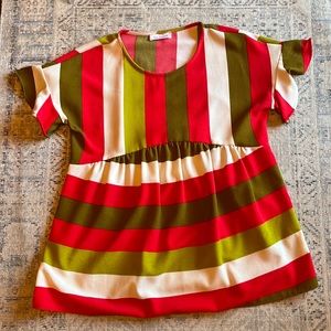 Short Sleeve striped tunic blouse, ruffle bottom, bell sleeve, small, crew neck
